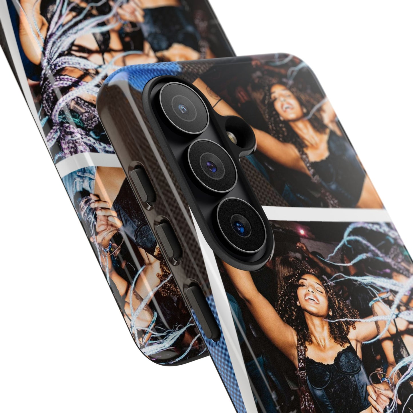 Two Image Personalised Polaroid Photo on Blue Polka Dot Protective Tough Case for Apple iPhone, Samsung Galaxy and Google Pixel.