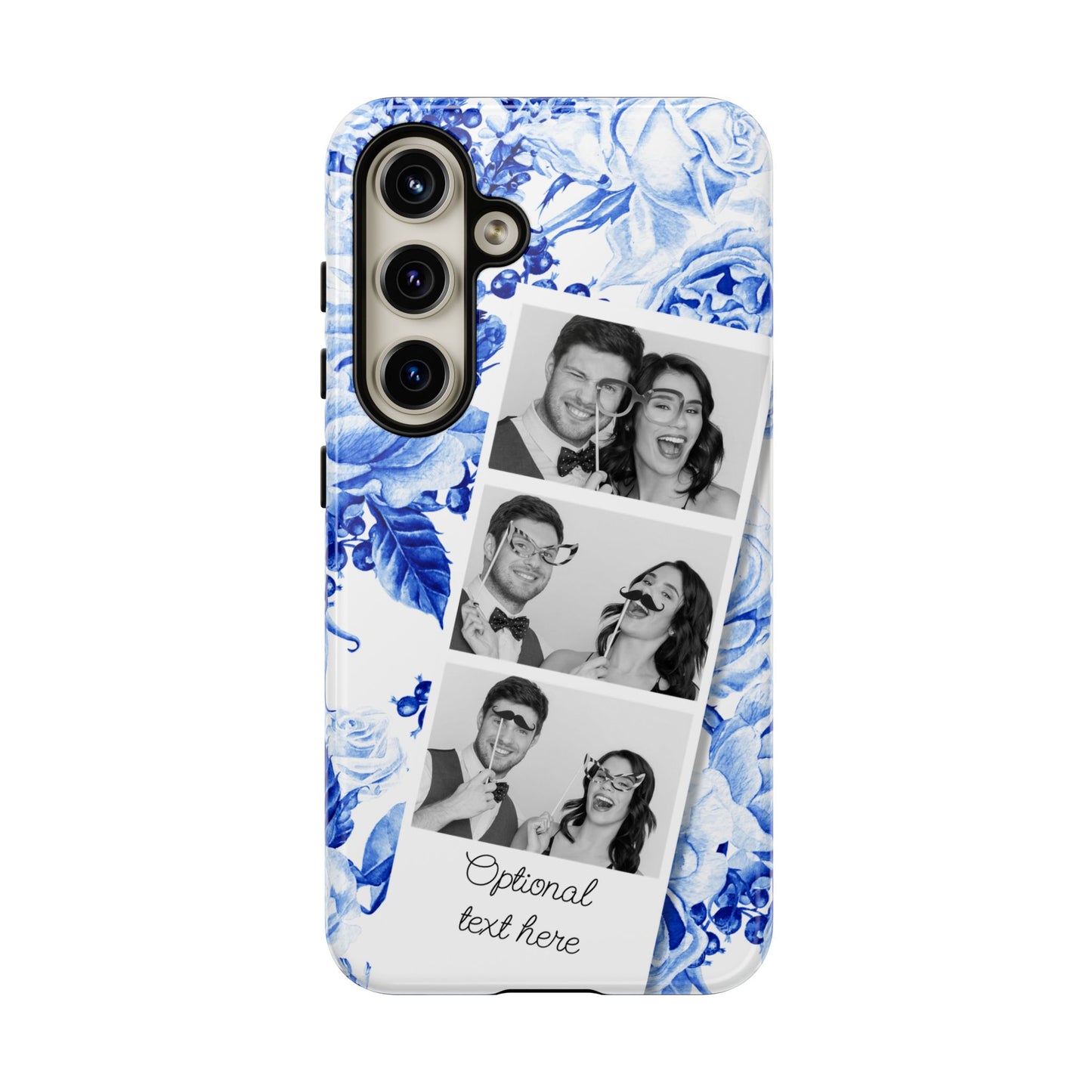 Three Photo Personalised Blue Floral Image Strip Custom Phone Case