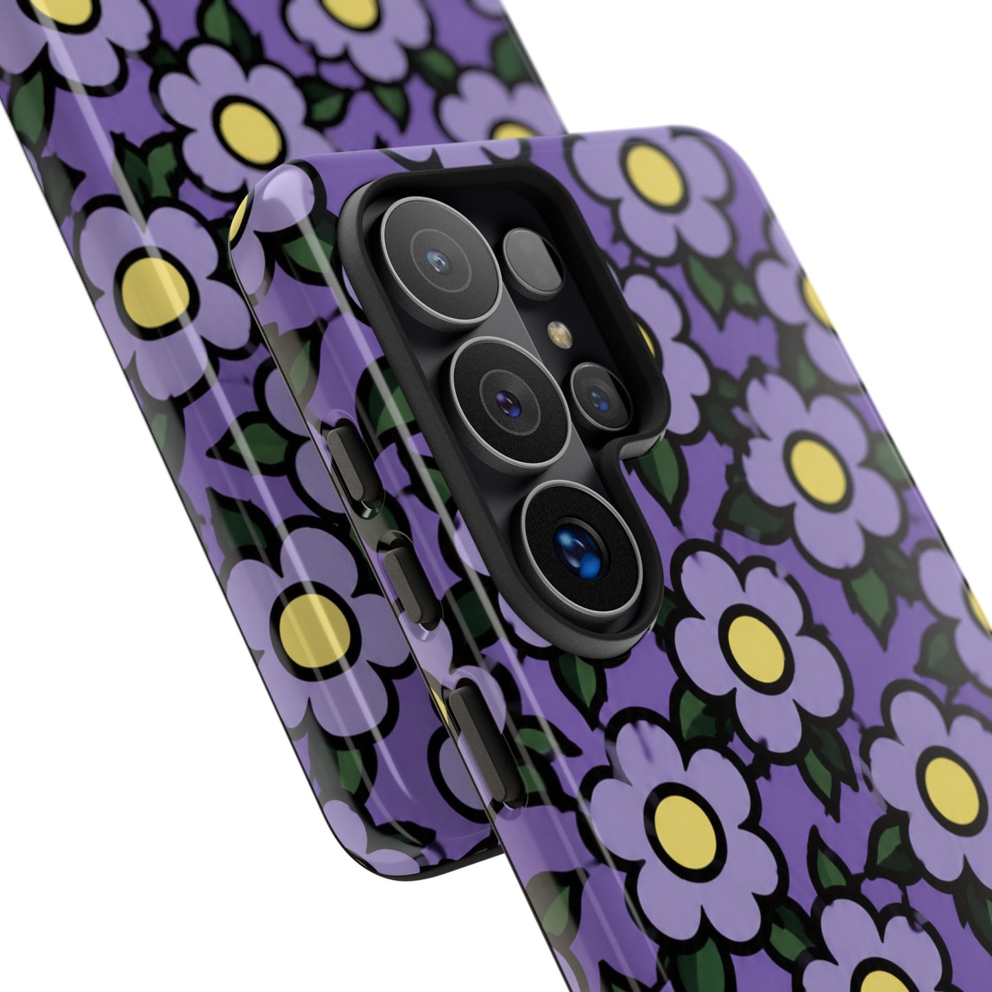 Purple Floral Tough Phone Case — Durable Protective Phone Cover with Cute Daisy Pattern