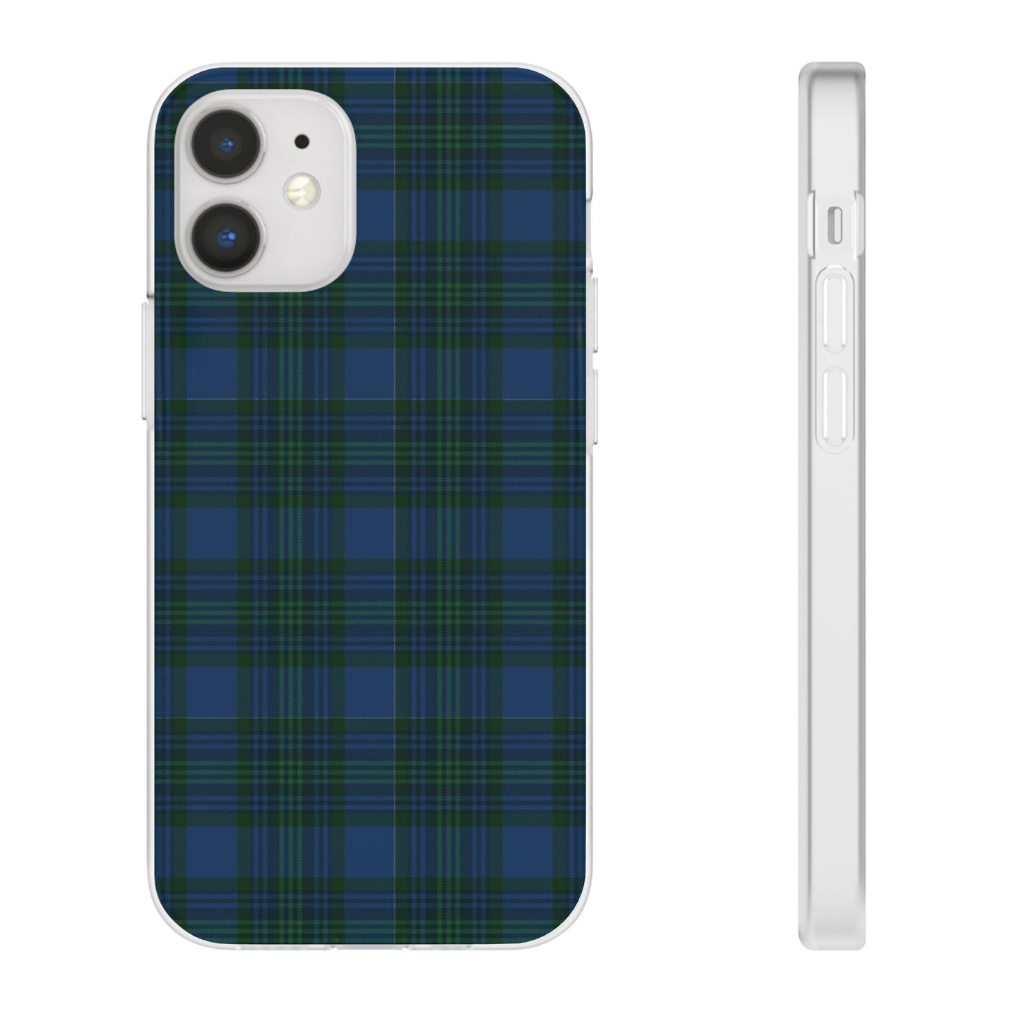 Navy green tartan phone case with flexible plaid design, slim shock-absorbing TPU, semi-transparent matte finish