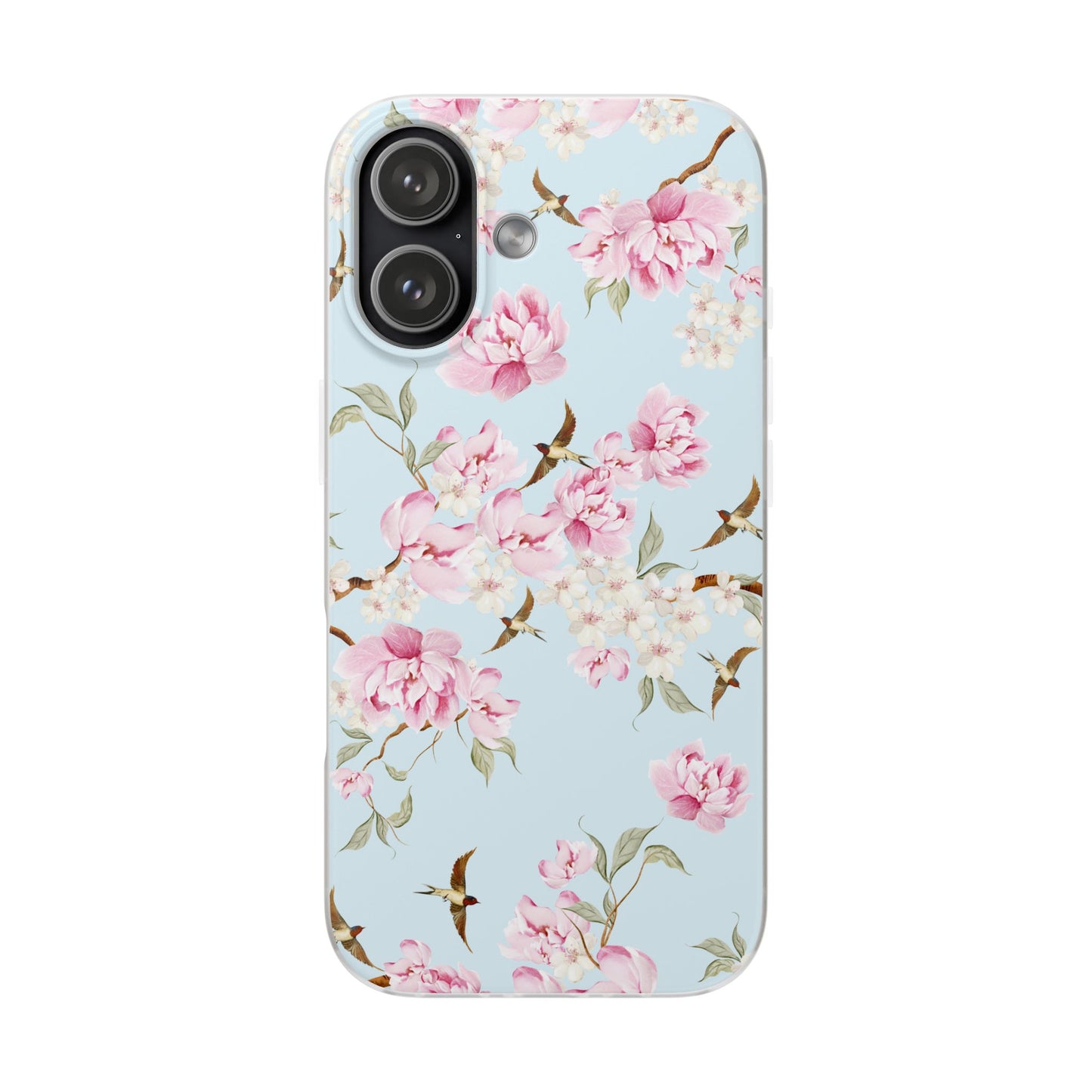 Floral Cherry Blossom Flexi Phone Case - Pink Blossoms on Sky Blue Flexible Case for Apple iPhone, Samsung Galaxy.