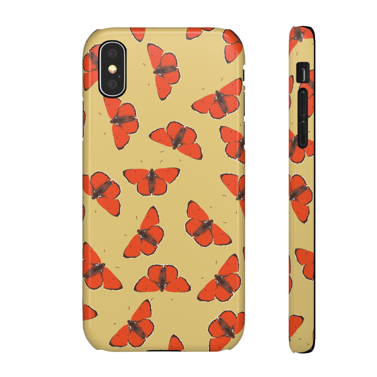 Butterfly Snap Phone Case — Red Moth Pattern on Mustard Background