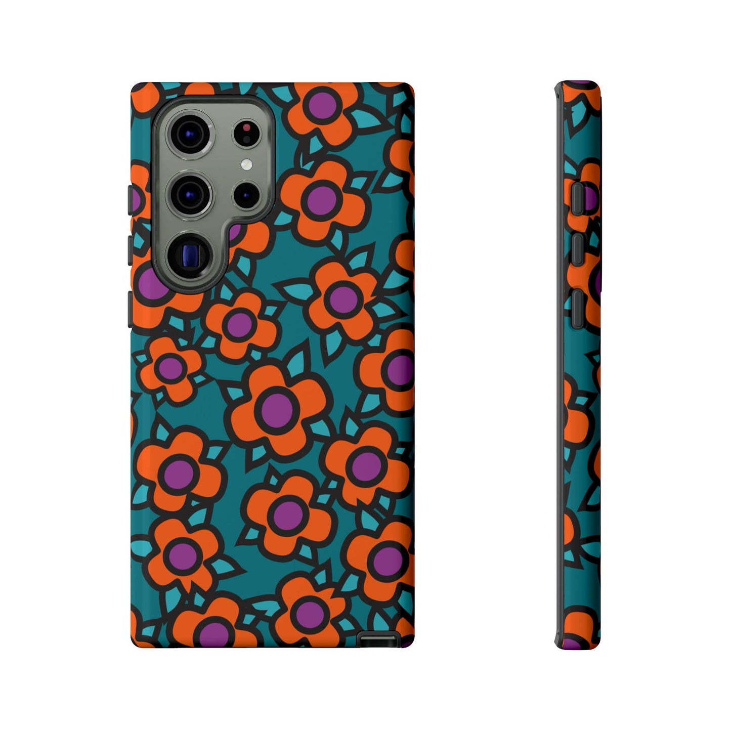 Floral Pop Tough Phone Case — Retro Orange & Teal Flower Pattern