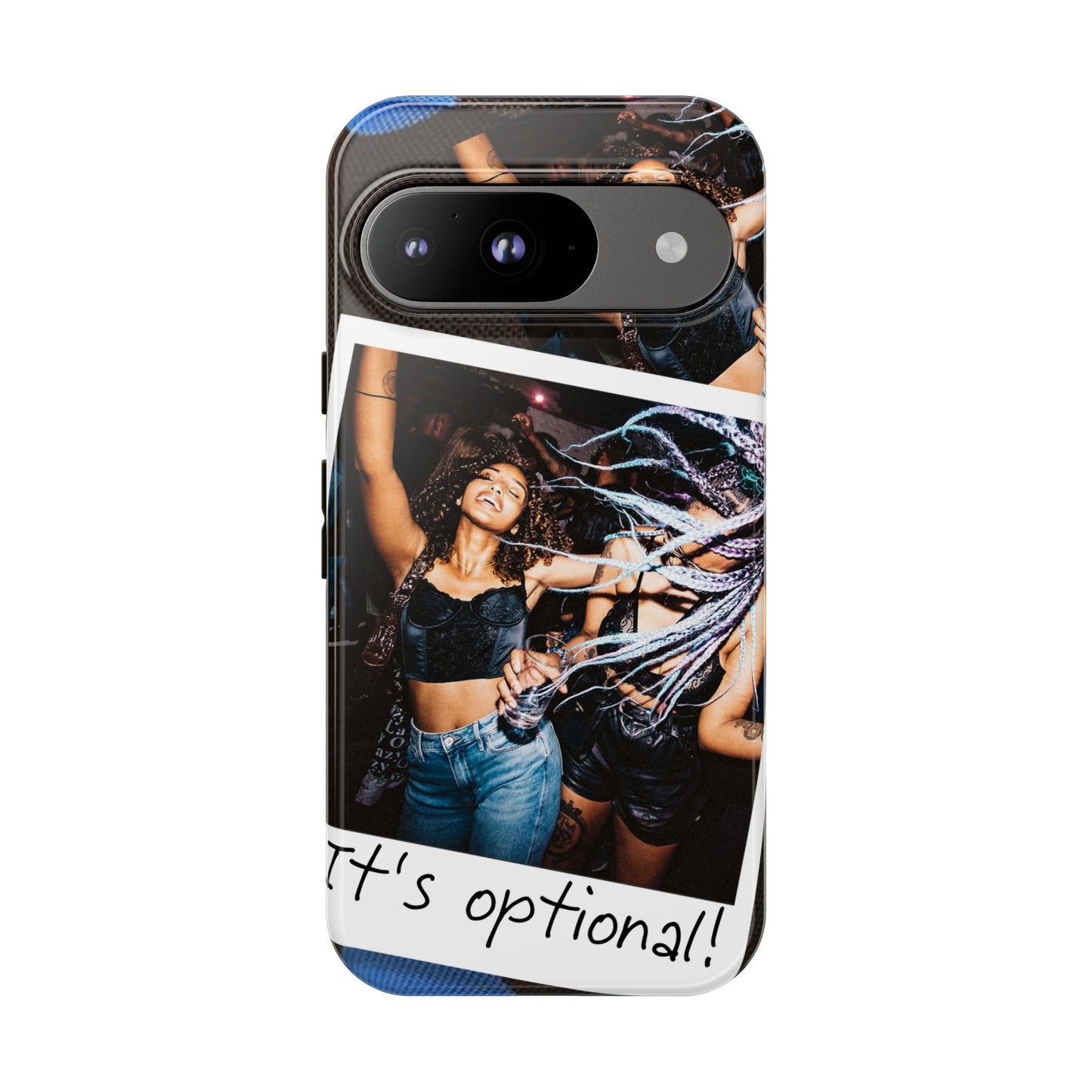 Two Image Personalised Polaroid Photo on Blue Polka Dot Protective Tough Case for Apple iPhone, Samsung Galaxy and Google Pixel.