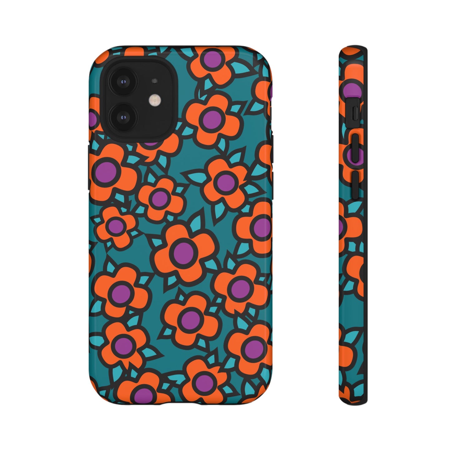 Floral Pop Tough Phone Case — Retro Orange & Teal Flower Pattern