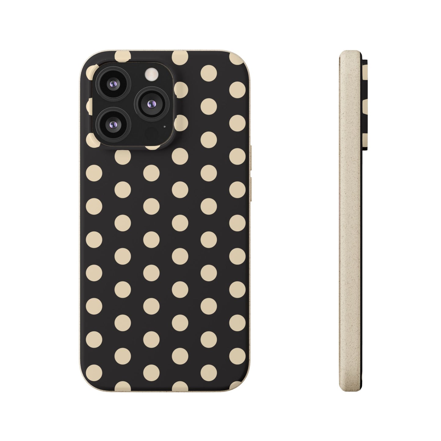 Eco-Friendly Black & Cream Polka Dot Pattern Biodegradable Phone Case for Apple iPhone and Samsung Galaxy.