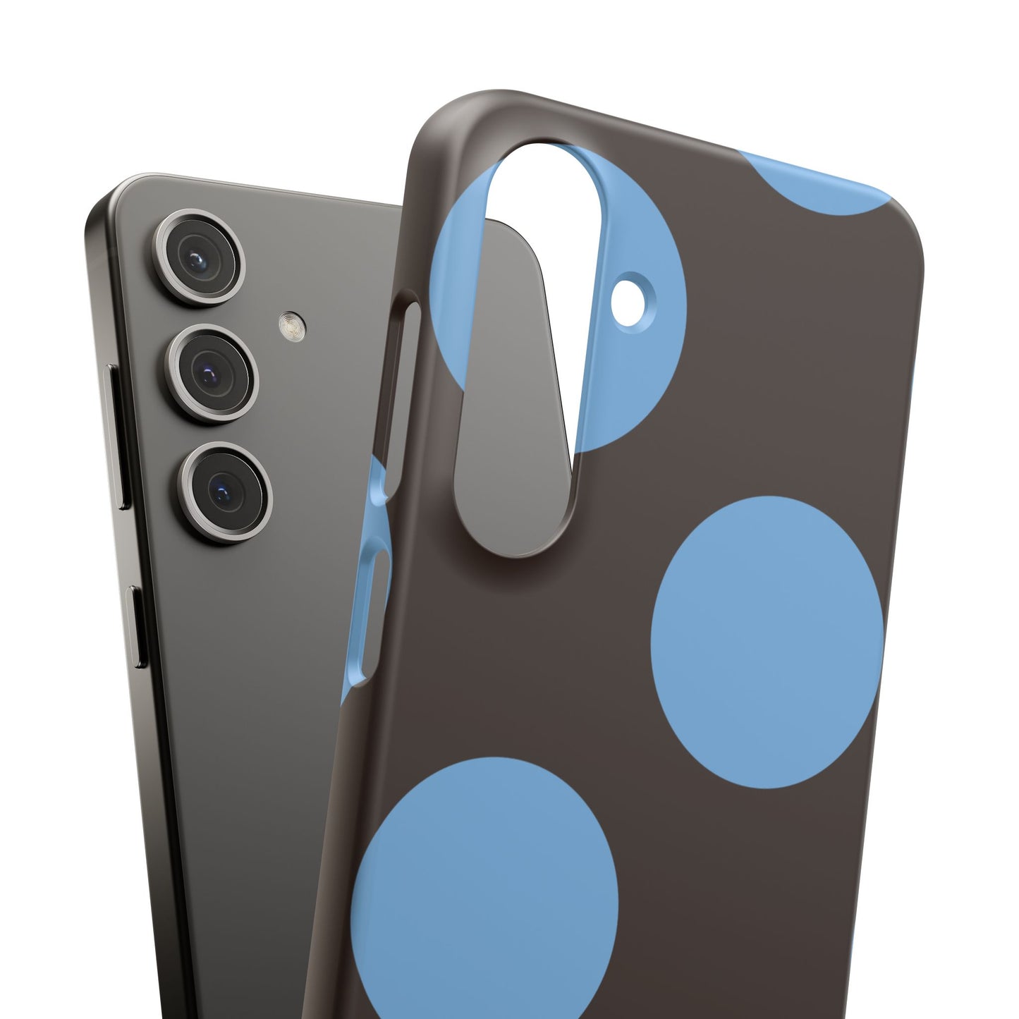 Matte Black with Large Sky Blue Polka Dots Slim Phone Case for Apple iPhone, Samsung Galaxy and Google Pixel.