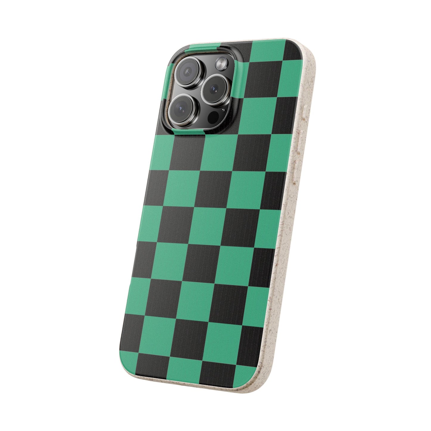 Biodegradable Checkerboard Phone Case — Green & Black Tanjiro Eco Smartphone Cover for Apple iPhone and Samsung Galaxy.