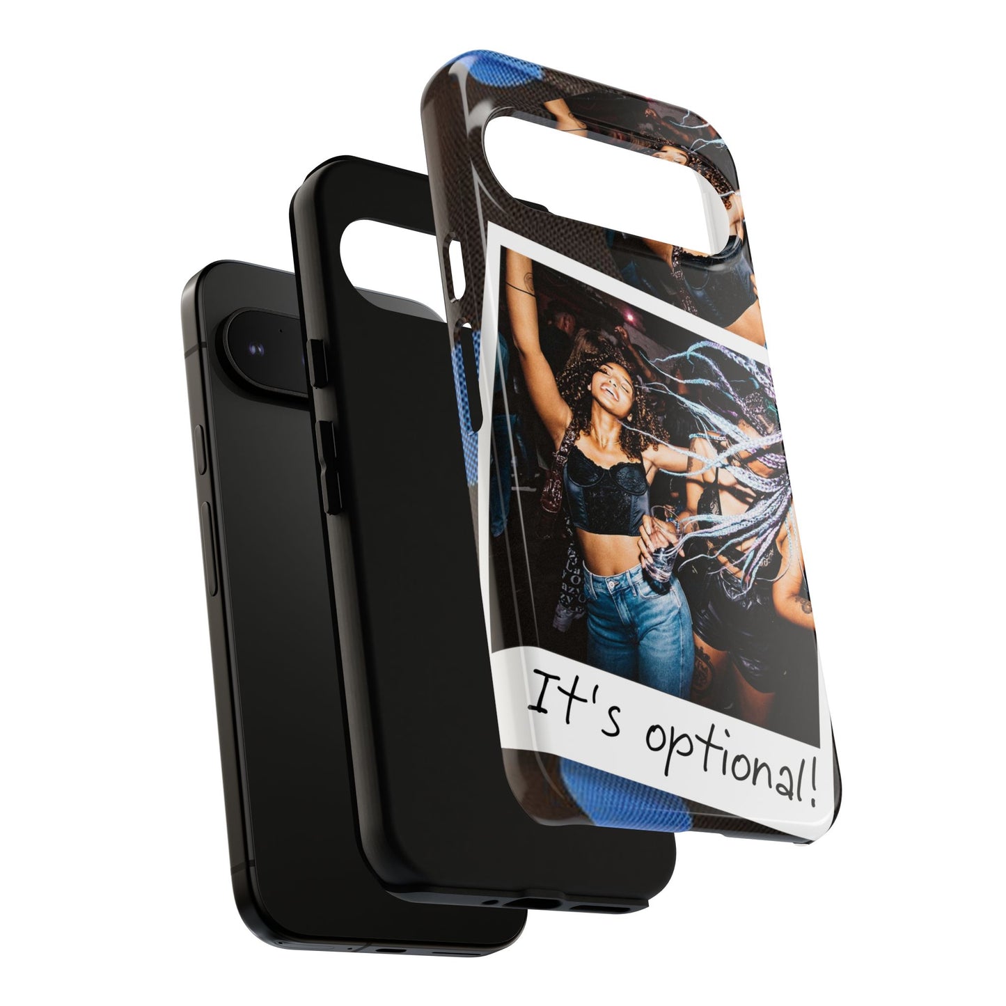 Two Image Personalised Polaroid Photo on Blue Polka Dot Protective Tough Case for Apple iPhone, Samsung Galaxy and Google Pixel.