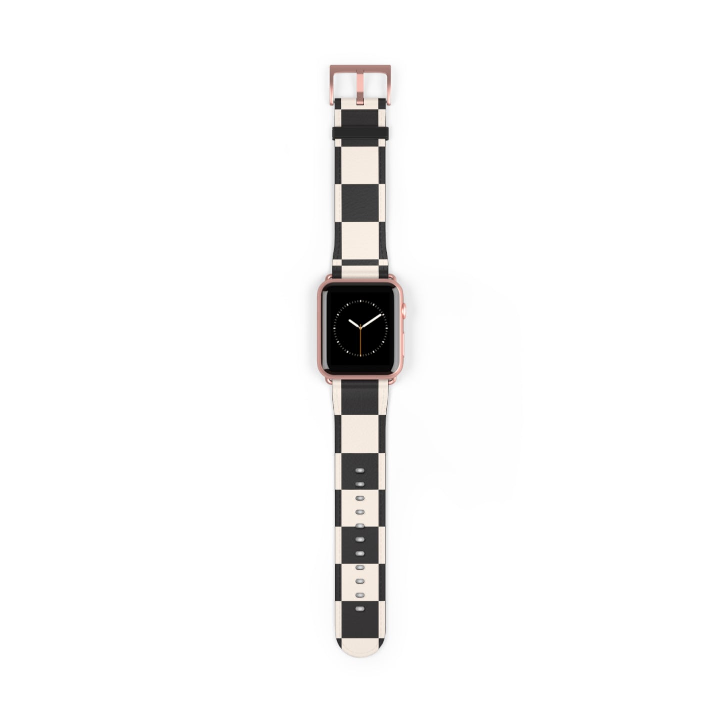 Apple Watch band in black and ivory chequered faux-leather, classic accessory for men and women, stainless steel buckle