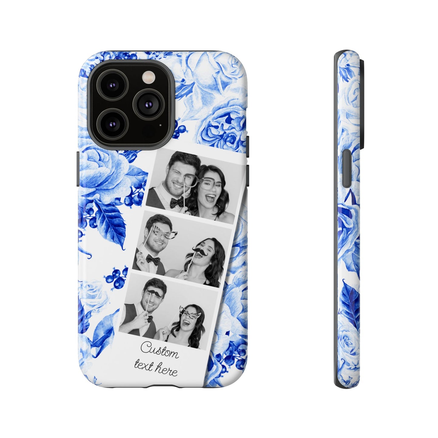 Three Photo Personalised Blue Floral Image Strip Custom Phone Case