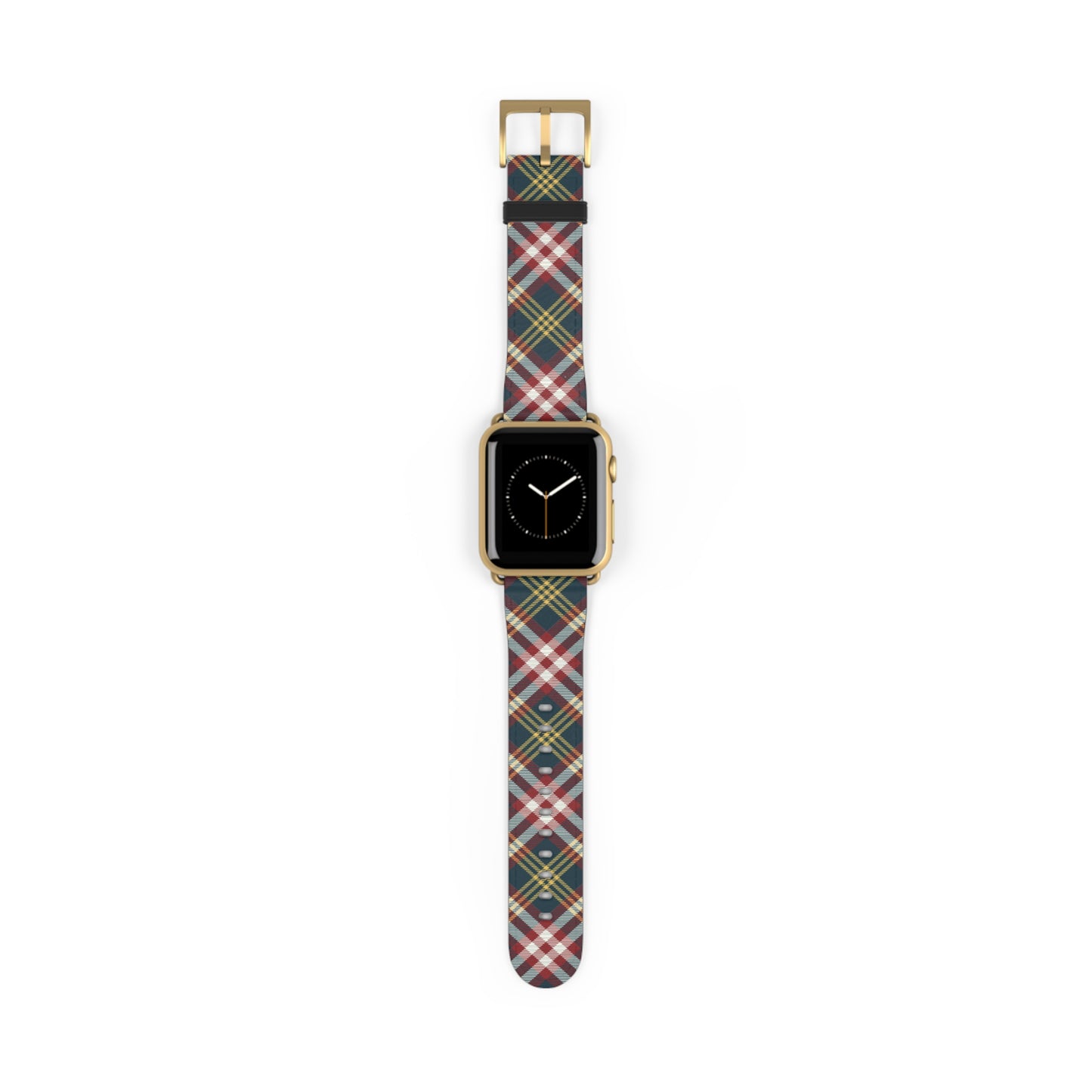 Plaid watch band in classic red and green tartan, cozy accessory for Apple Watch, stainless steel buckle, autumn style