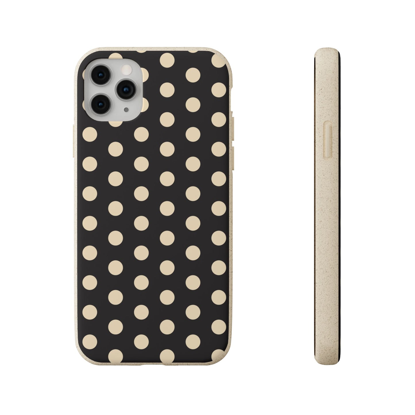 Eco-Friendly Black & Cream Polka Dot Pattern Biodegradable Phone Case for Apple iPhone and Samsung Galaxy.
