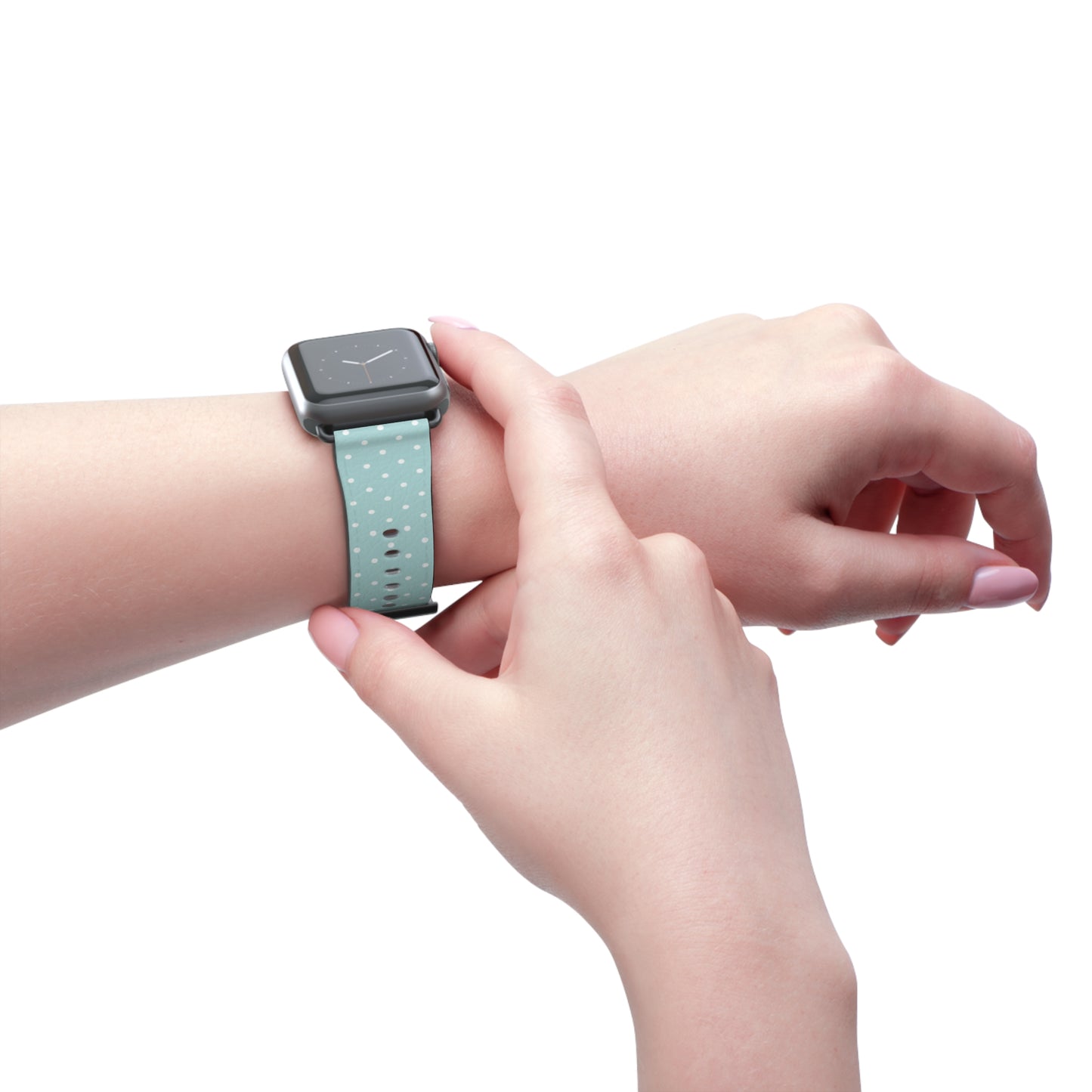 apple watch band in mint green with white polka dots, cute pastel everyday watch strap for women