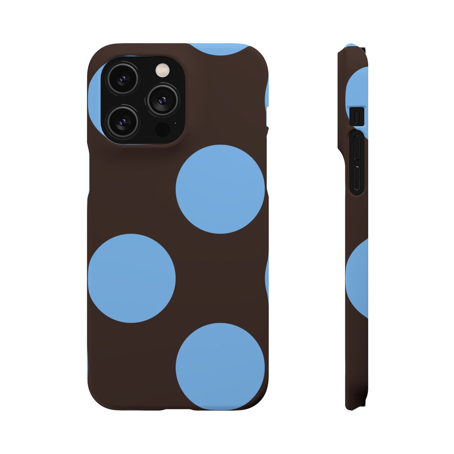 Matte Black with Large Sky Blue Polka Dots Slim Phone Case for Apple iPhone, Samsung Galaxy and Google Pixel.