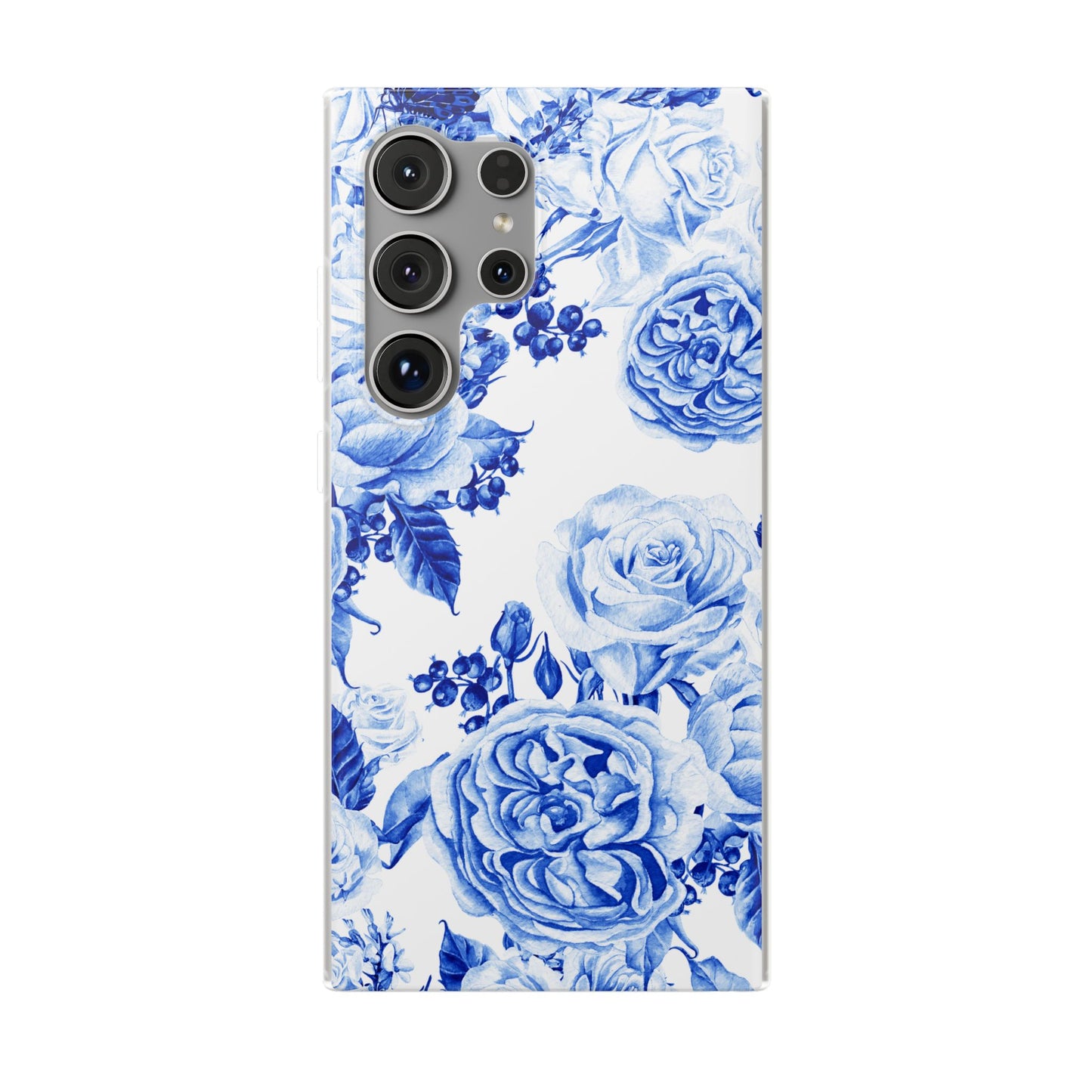 Blue Floral Phone Case — Hand-Painted Rose Pattern Flexi Case for Apple iPhone, Samsung Galaxy and Google Pixel.