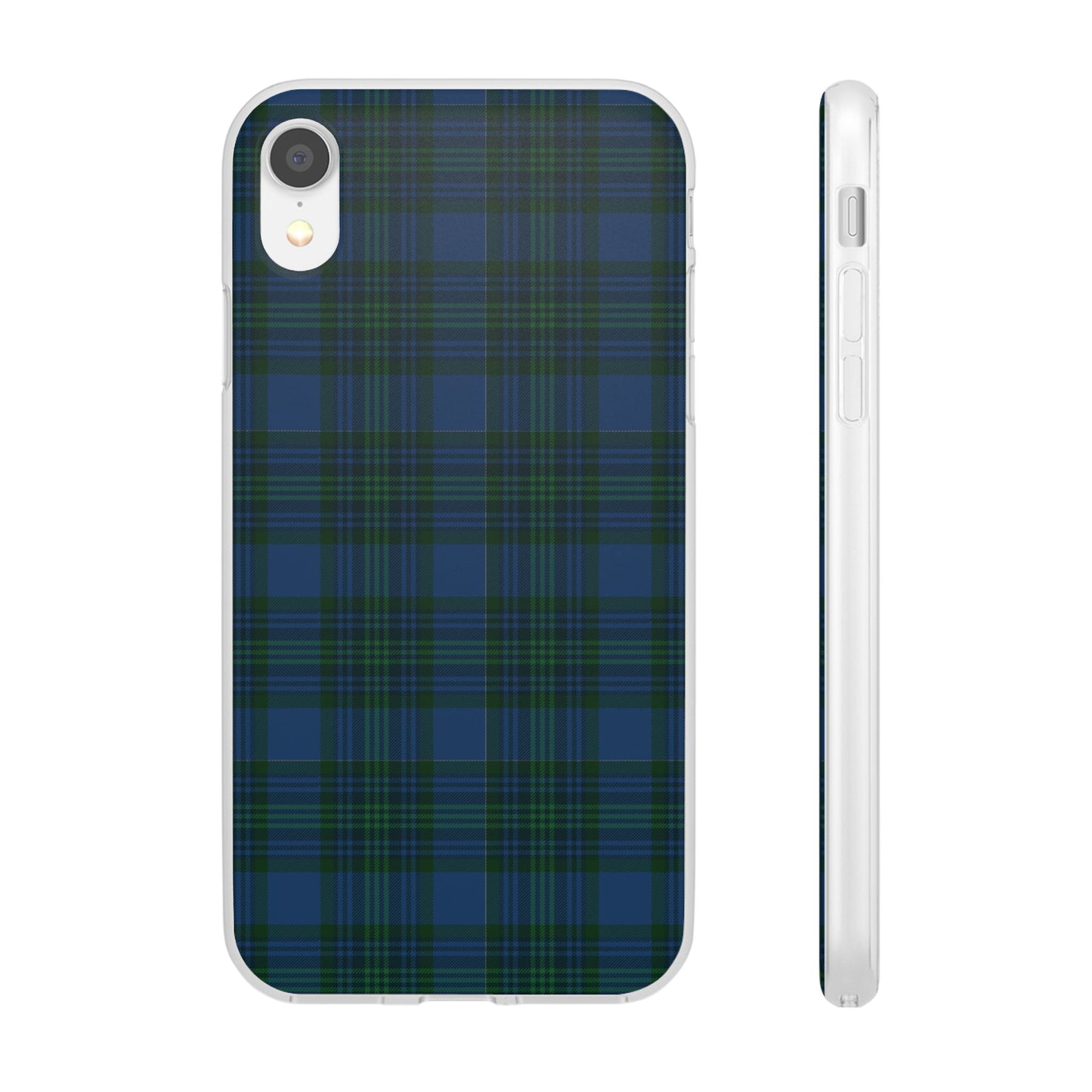 Navy green tartan phone case with flexible plaid design, slim shock-absorbing TPU, semi-transparent matte finish