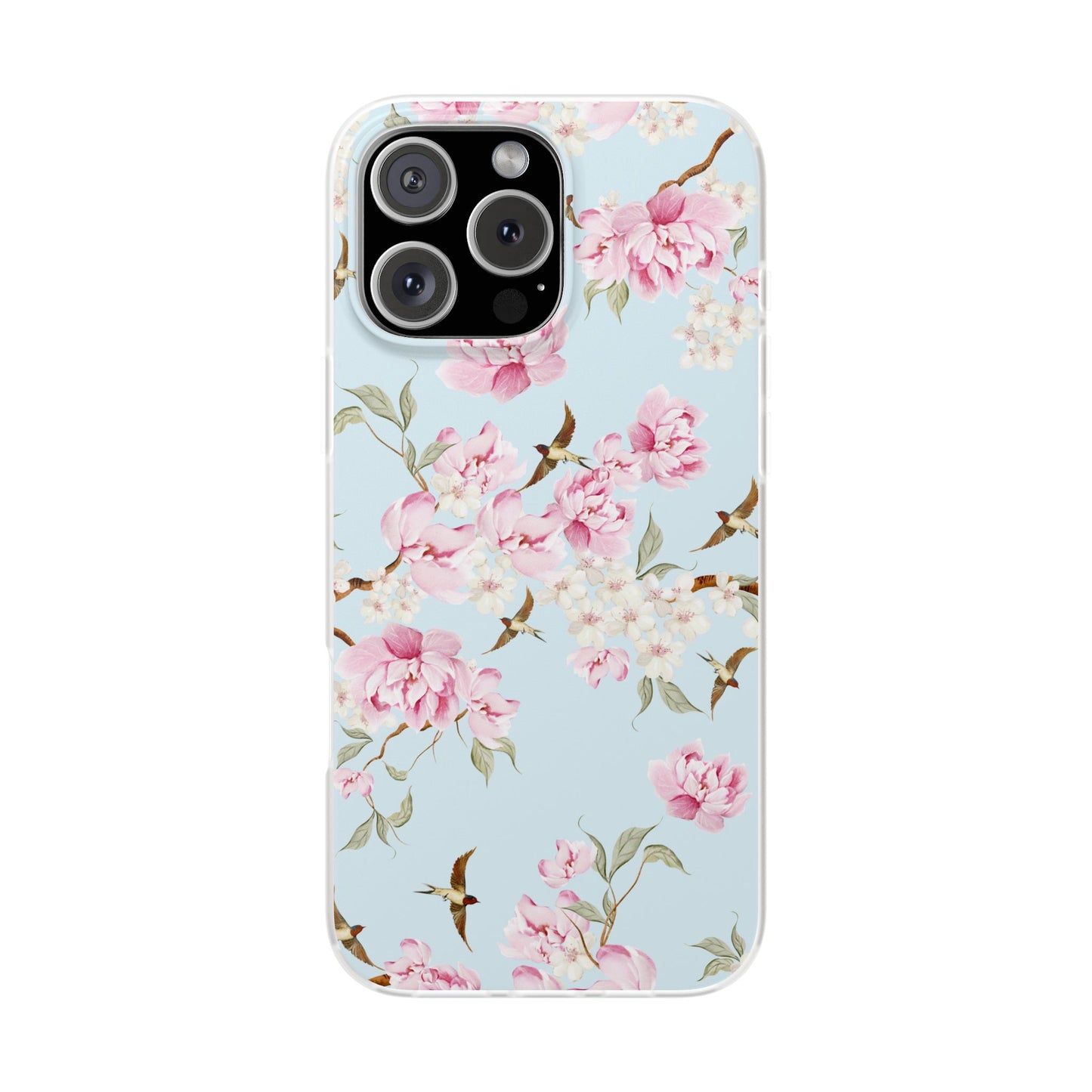 Floral Cherry Blossom Flexi Phone Case - Pink Blossoms on Sky Blue Flexible Case for Apple iPhone, Samsung Galaxy.