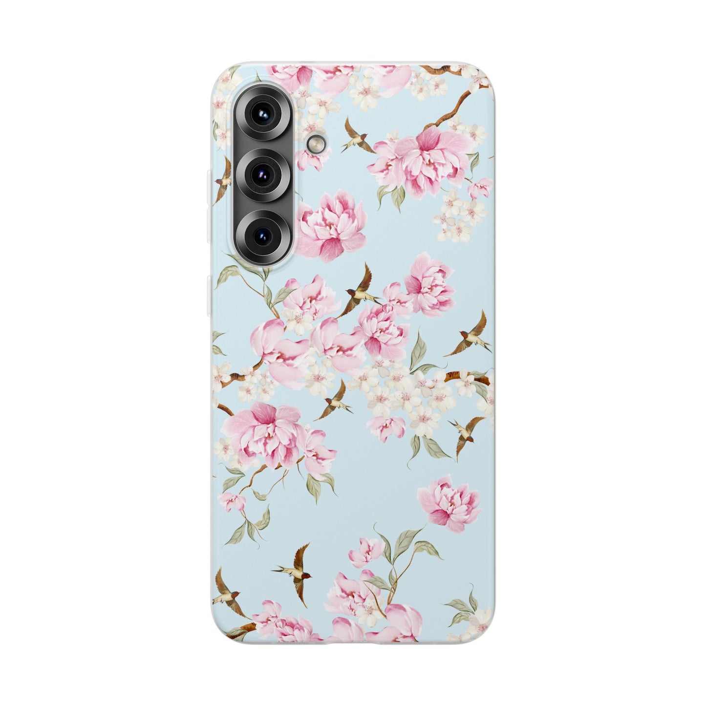 Floral Cherry Blossom Flexi Phone Case - Pink Blossoms on Sky Blue Flexible Case for Apple iPhone, Samsung Galaxy.
