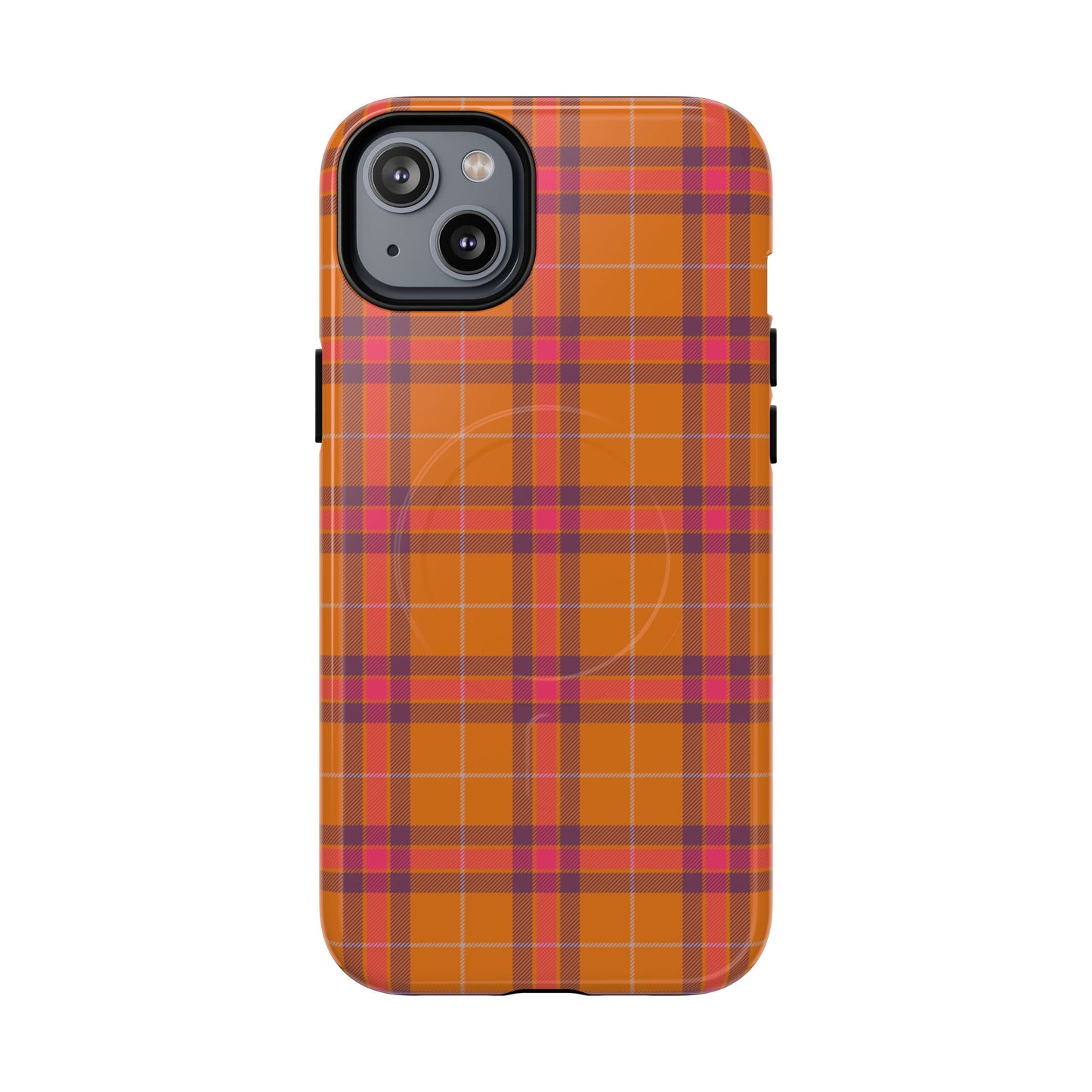 Tartan Magnetic Phone Case — Orange and Red Plaid Tough Protective MagSafe Case