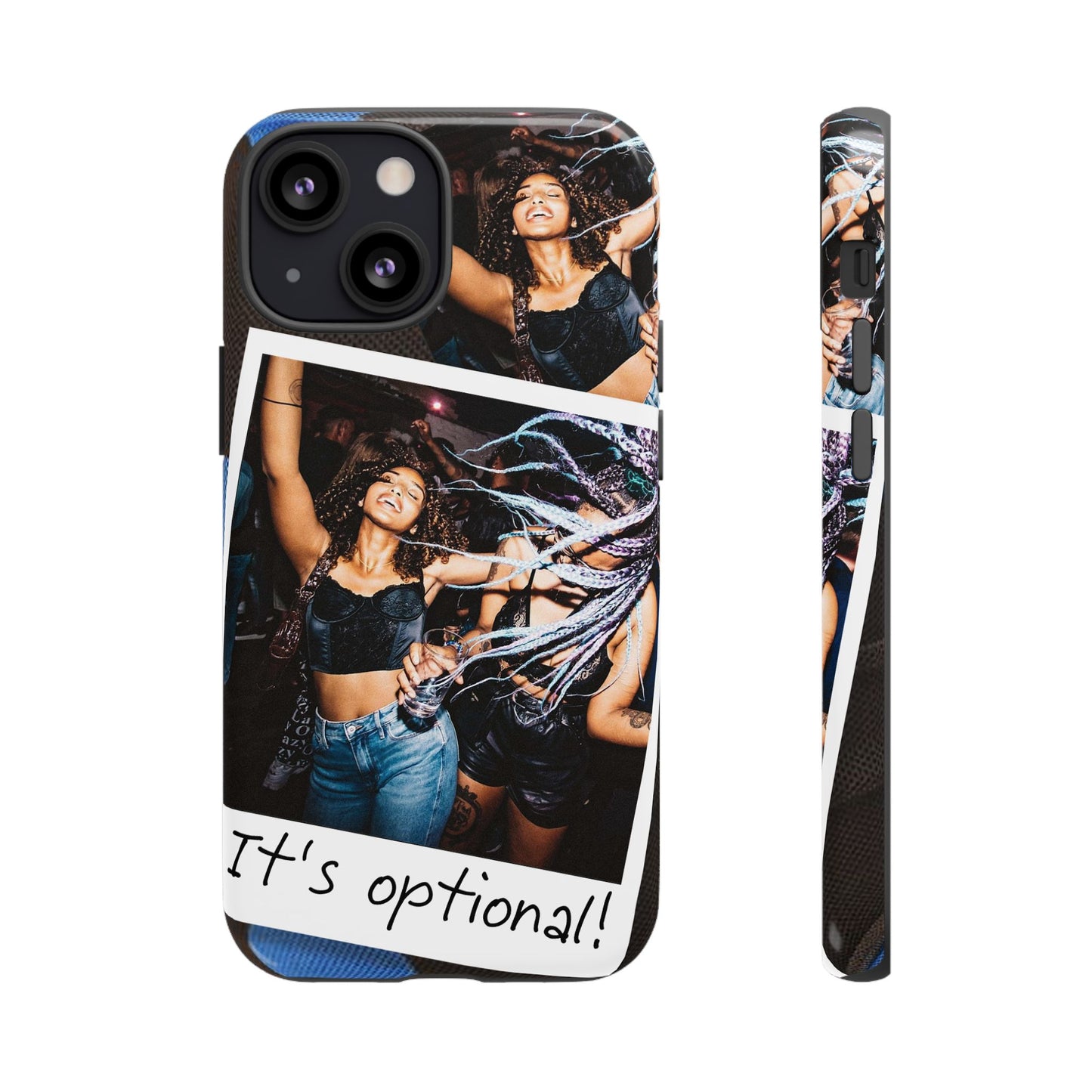 Two Image Personalised Polaroid Photo on Blue Polka Dot Protective Tough Case for Apple iPhone, Samsung Galaxy and Google Pixel.