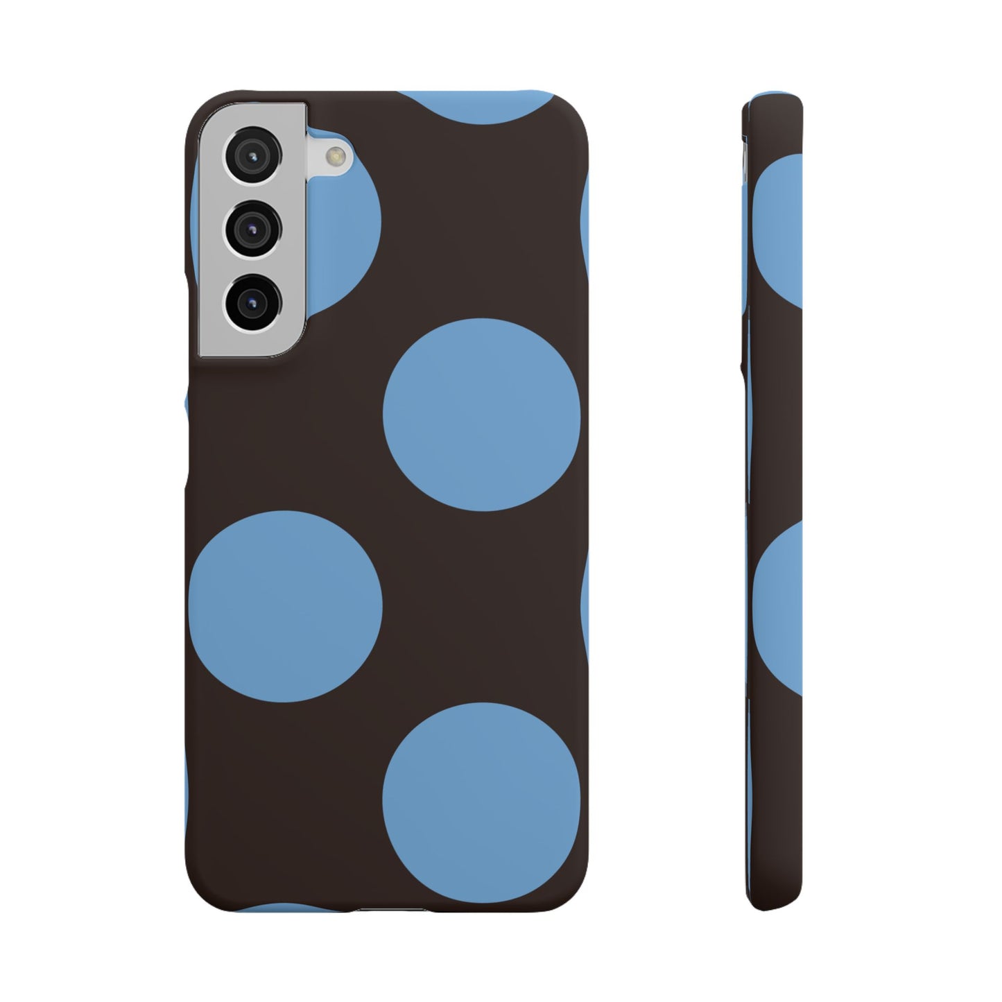 Matte Black with Large Sky Blue Polka Dots Slim Phone Case for Apple iPhone, Samsung Galaxy and Google Pixel.