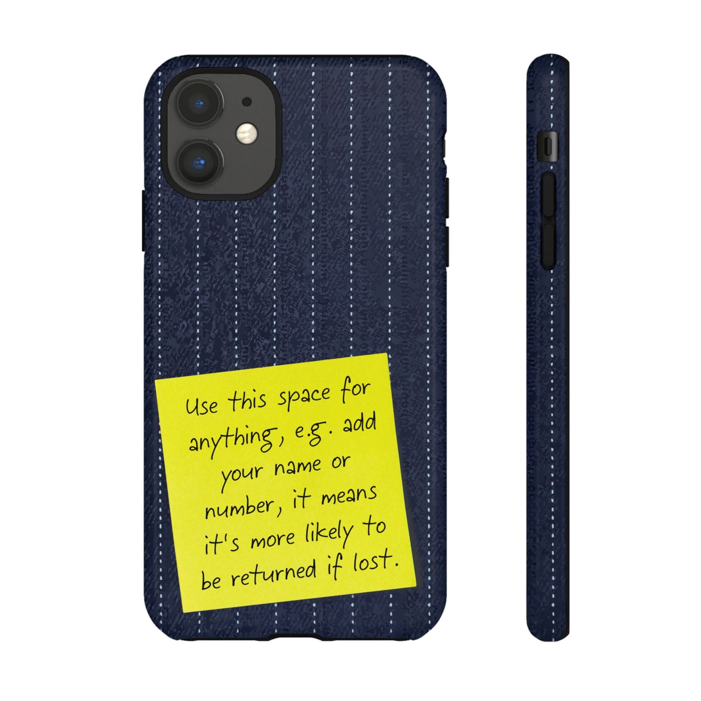 Navy Pinstripe Design with Yellow Sticky Note Personalised Tough Phone Case for Apple iPhone, Samsung Galaxy and Google Pixel.