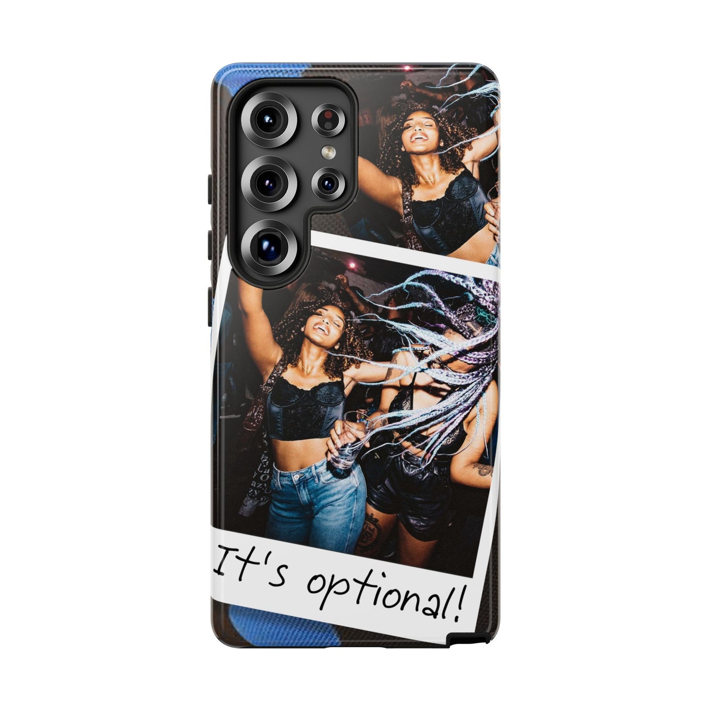 Two Image Personalised Polaroid Photo on Blue Polka Dot Protective Tough Case for Apple iPhone, Samsung Galaxy and Google Pixel.