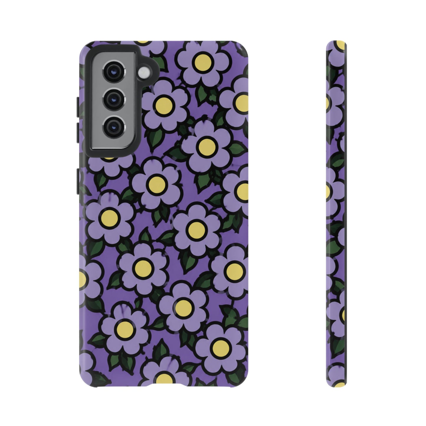 Purple Floral Tough Phone Case — Durable Protective Phone Cover with Cute Daisy Pattern