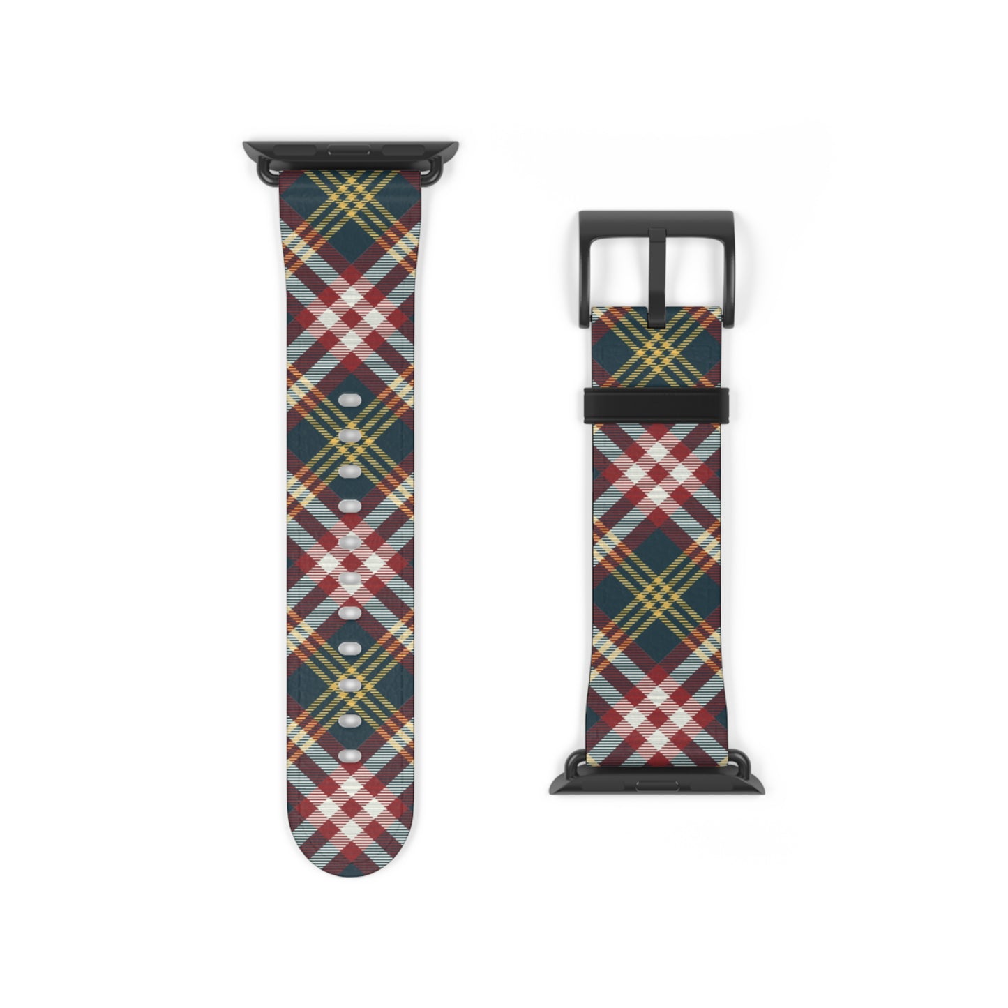 Plaid watch band in classic red and green tartan, cozy accessory for Apple Watch, stainless steel buckle, autumn style
