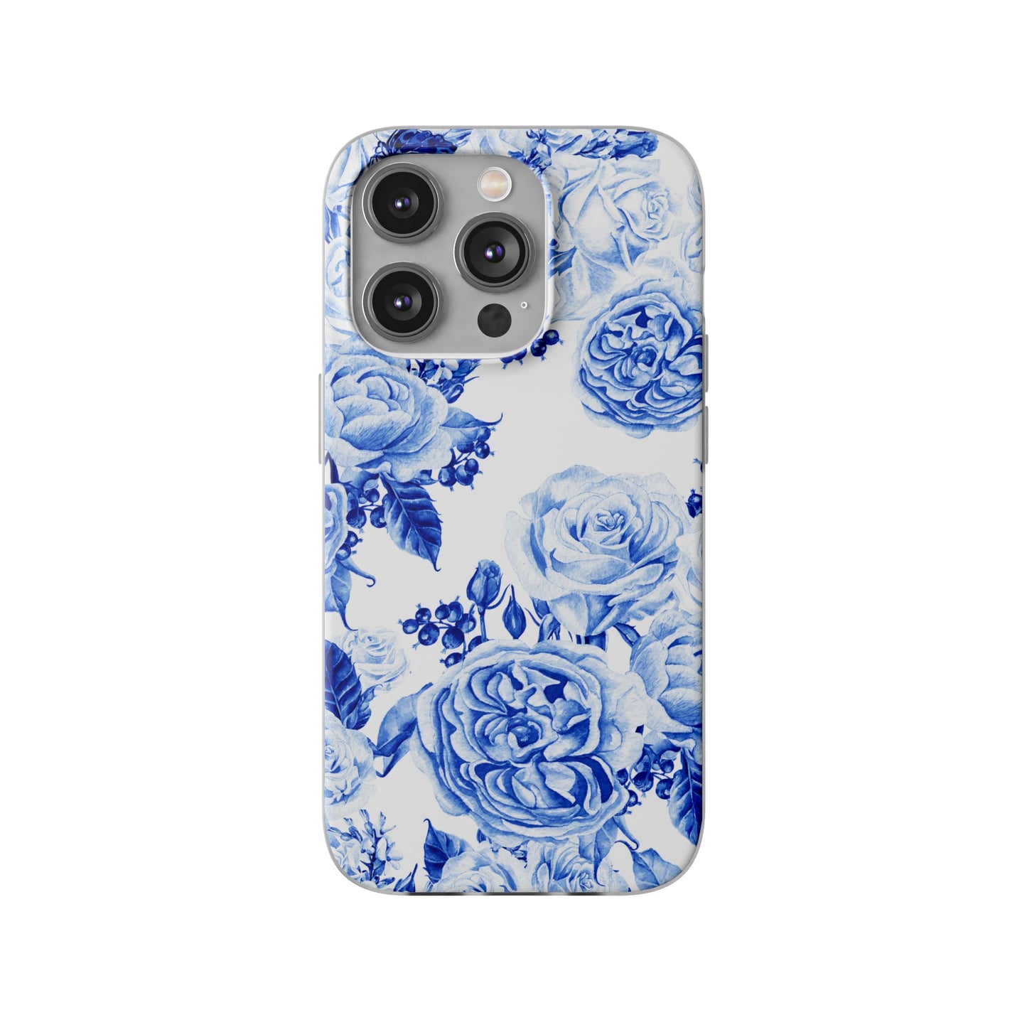 Blue Floral Phone Case — Hand-Painted Rose Pattern Flexi Case for Apple iPhone, Samsung Galaxy and Google Pixel.