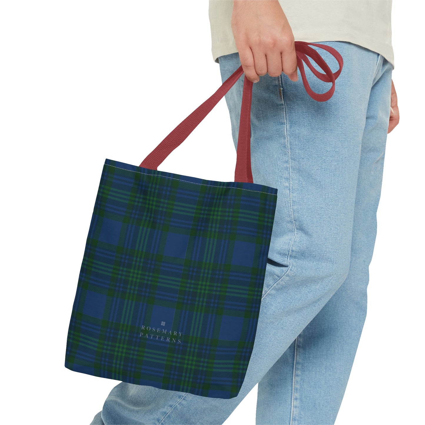 Tartan plaid tote bag in blue and green, eco friendly reusable market tote with Scottish pattern, cotton handles