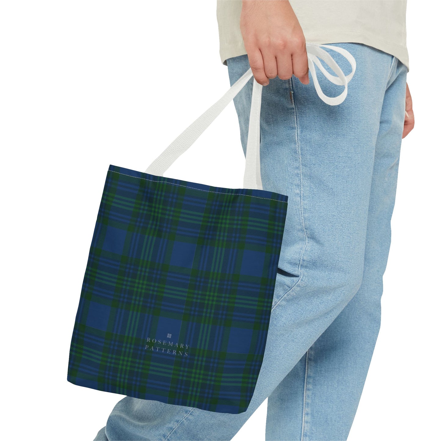 Tartan plaid tote bag in blue and green, eco friendly reusable market tote with Scottish pattern, cotton handles