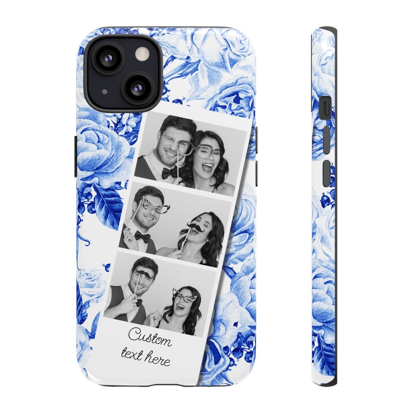 Three Photo Personalised Blue Floral Image Strip Custom Phone Case