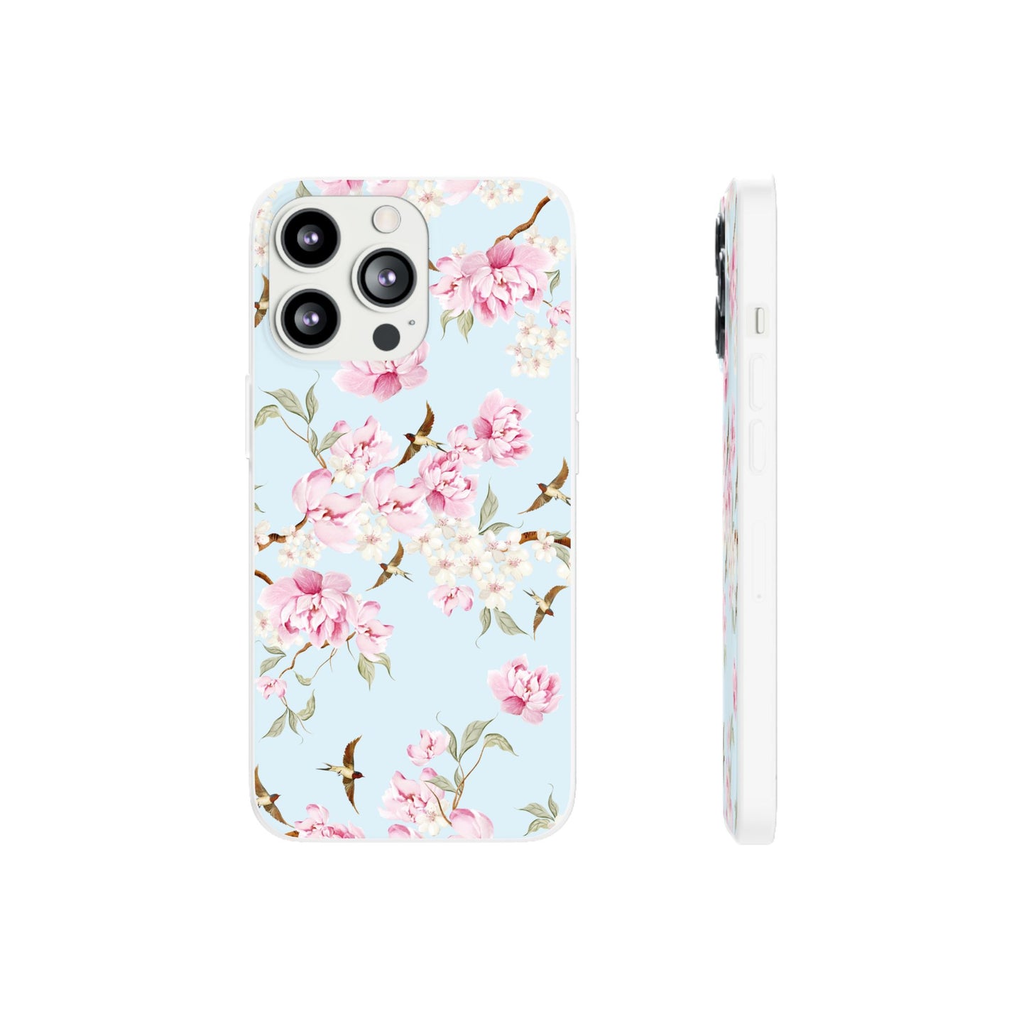 Floral Cherry Blossom Flexi Phone Case - Pink Blossoms on Sky Blue Flexible Case for Apple iPhone, Samsung Galaxy.