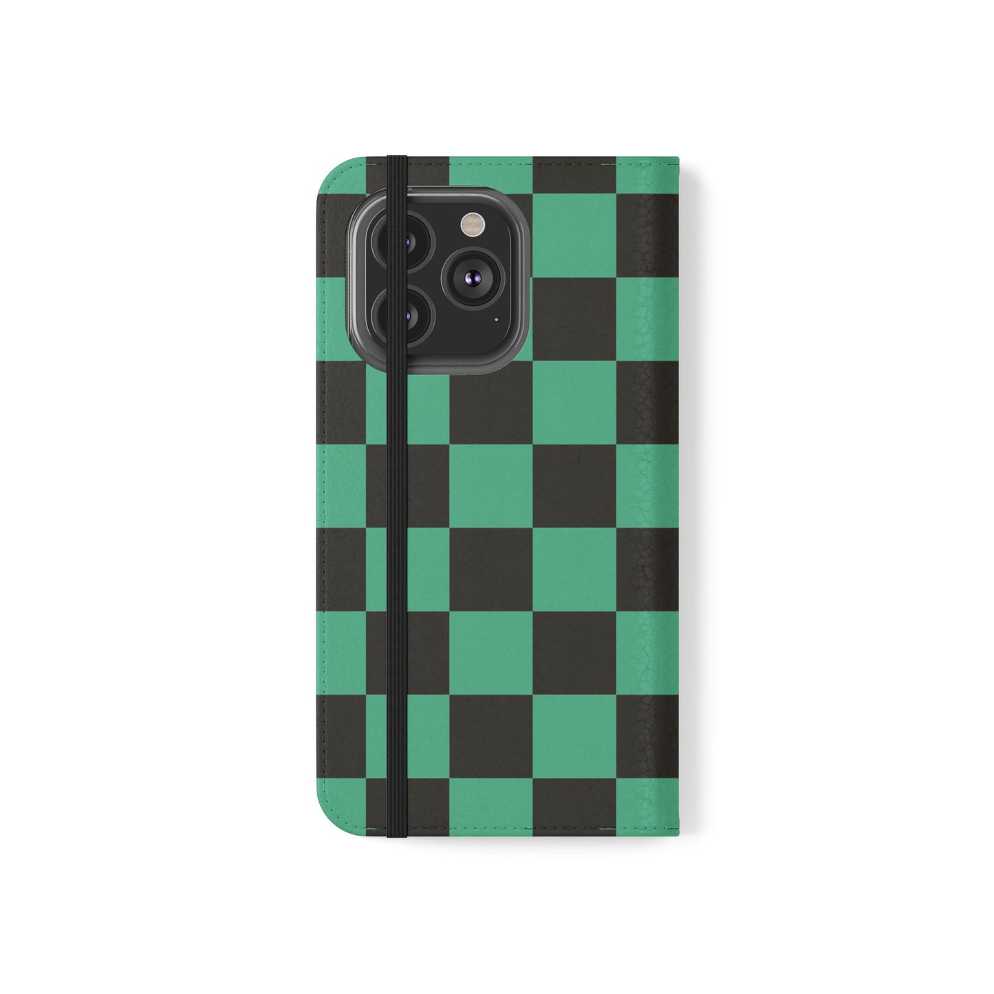 Tanjiro Chequered Flip Phone Case — Black and Green Chequered Wallet Cover