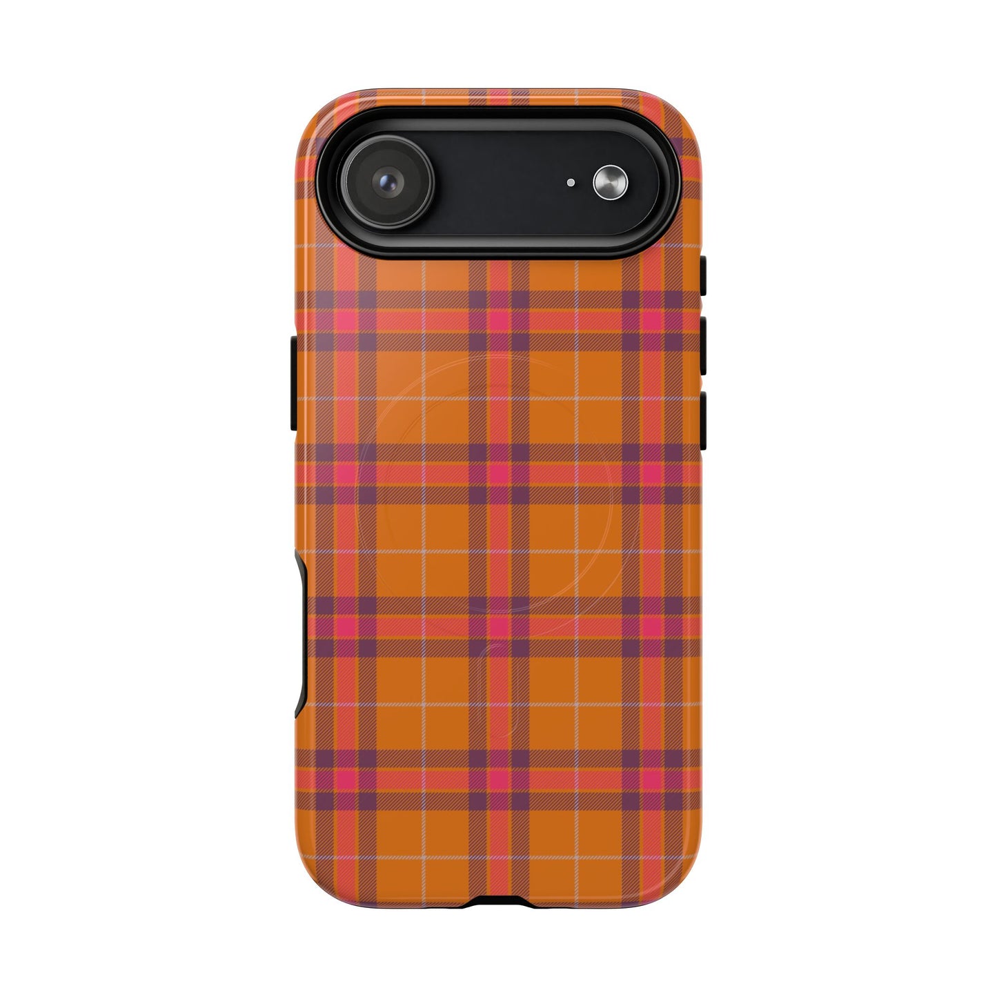 Tartan Magnetic Phone Case — Orange and Red Plaid Tough Protective MagSafe Case