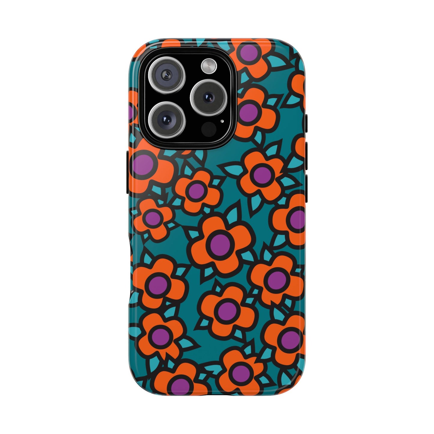 Floral Pop Tough Phone Case — Retro Orange & Teal Flower Pattern
