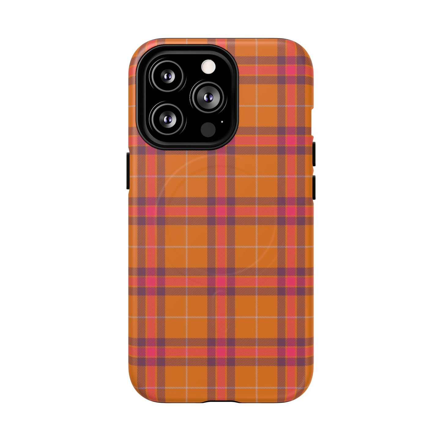 Tartan Magnetic Phone Case — Orange and Red Plaid Tough Protective MagSafe Case