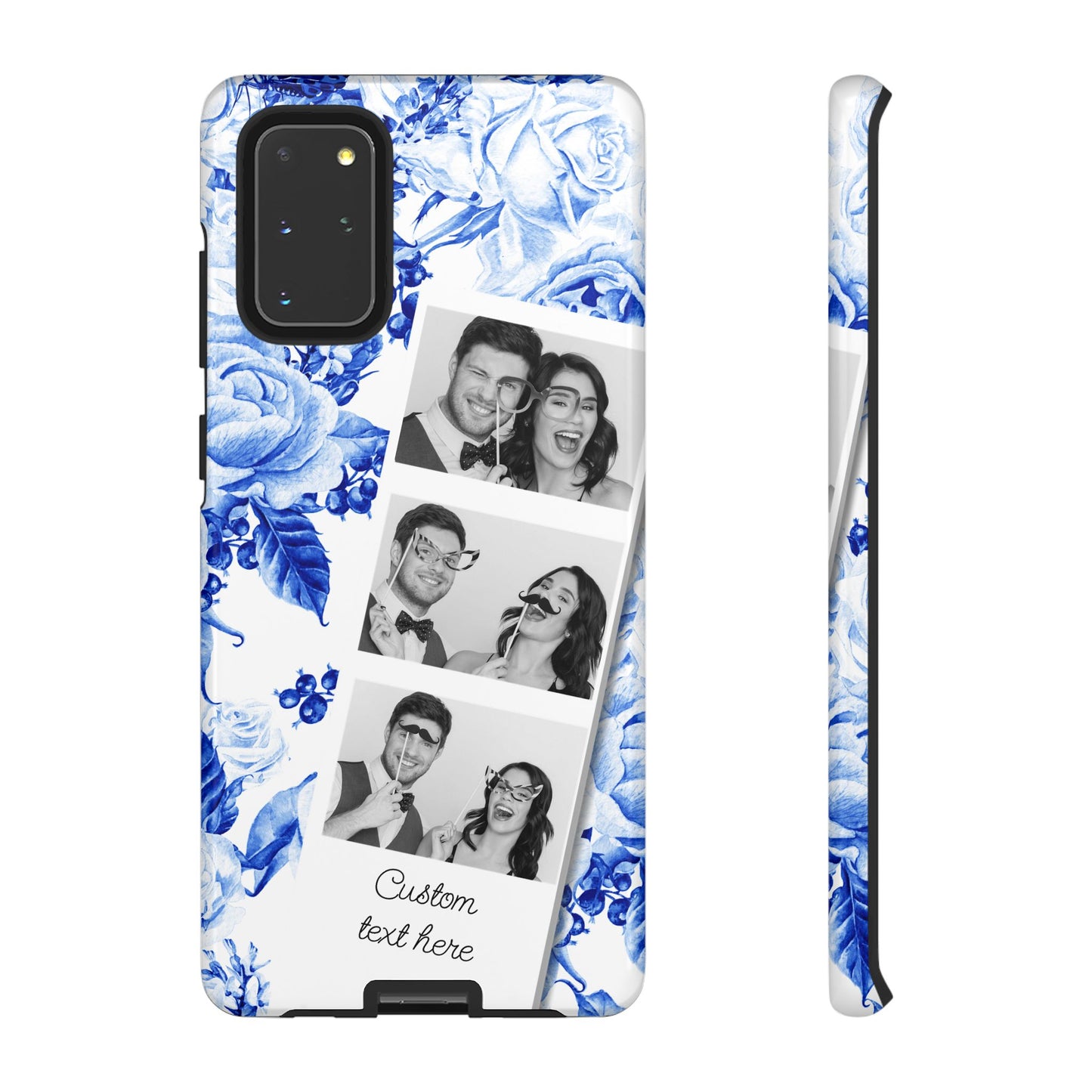 Three Photo Personalised Blue Floral Image Strip Custom Phone Case