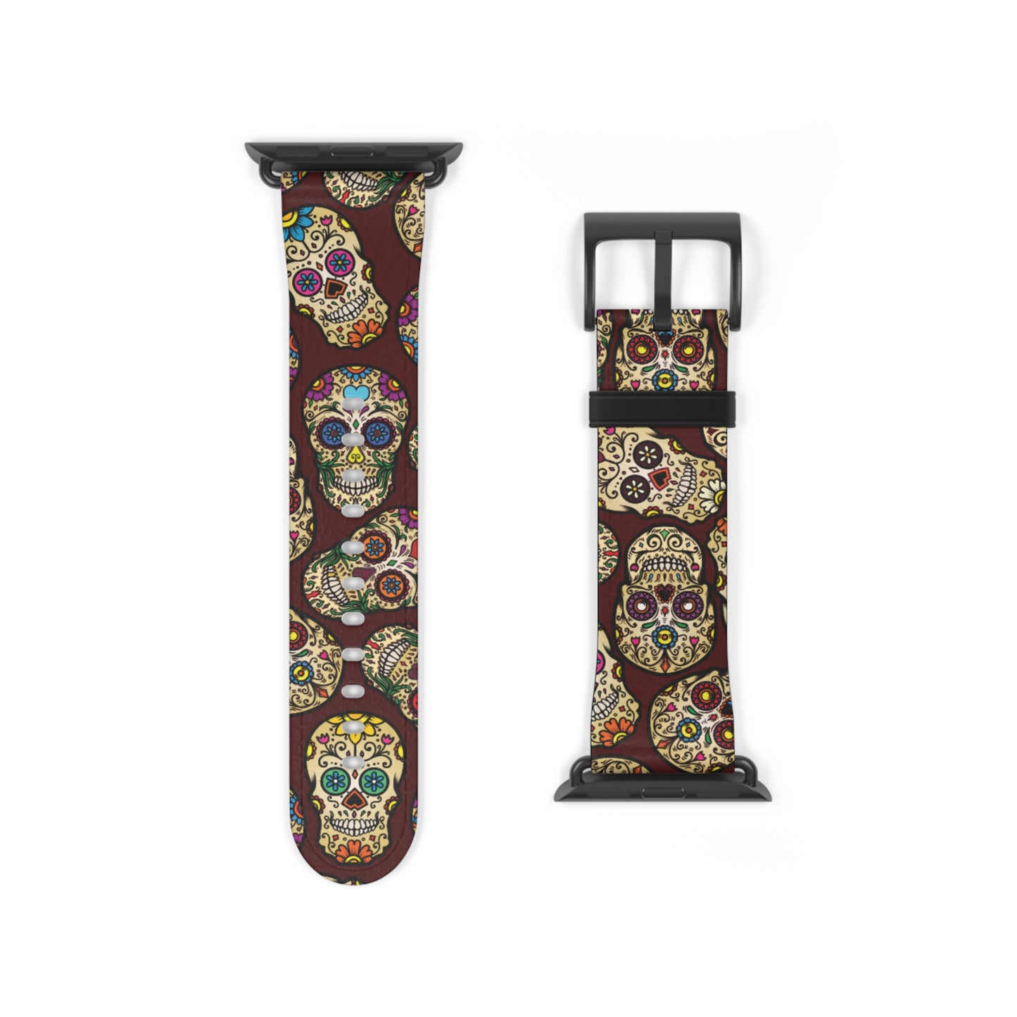 Sugar Skulls Apple Watch band with dark modern gothic design, colorful accessory for casual and formal wear