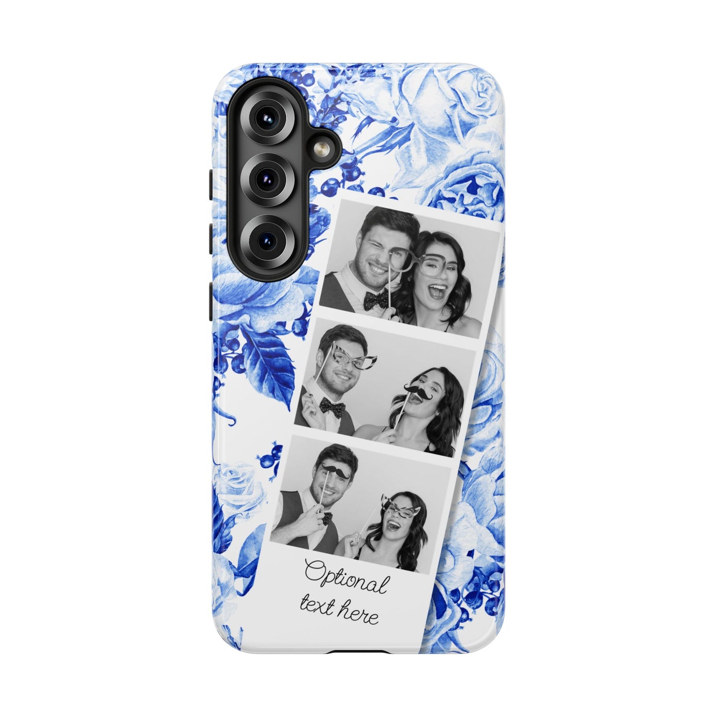 Three Photo Personalised Blue Floral Image Strip Custom Phone Case