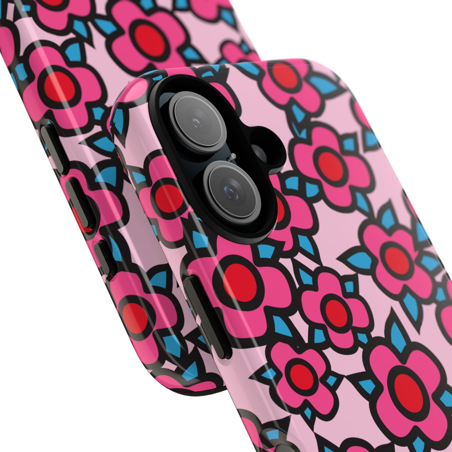 Floral Pink Tough Phone Case — Retro Red & Teal Flower Pattern