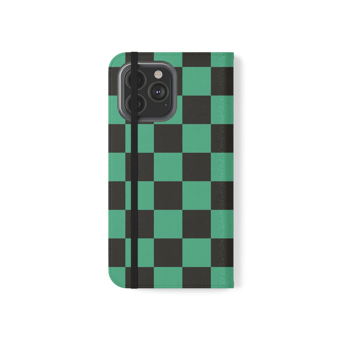 Tanjiro Chequered Flip Phone Case — Black and Green Chequered Wallet Cover