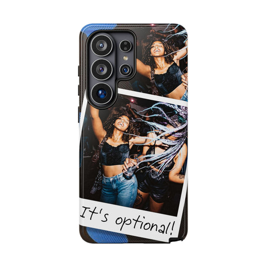 Two Image Personalised Polaroid Photo on Blue Polka Dot Protective Tough Case for Apple iPhone, Samsung Galaxy and Google Pixel.