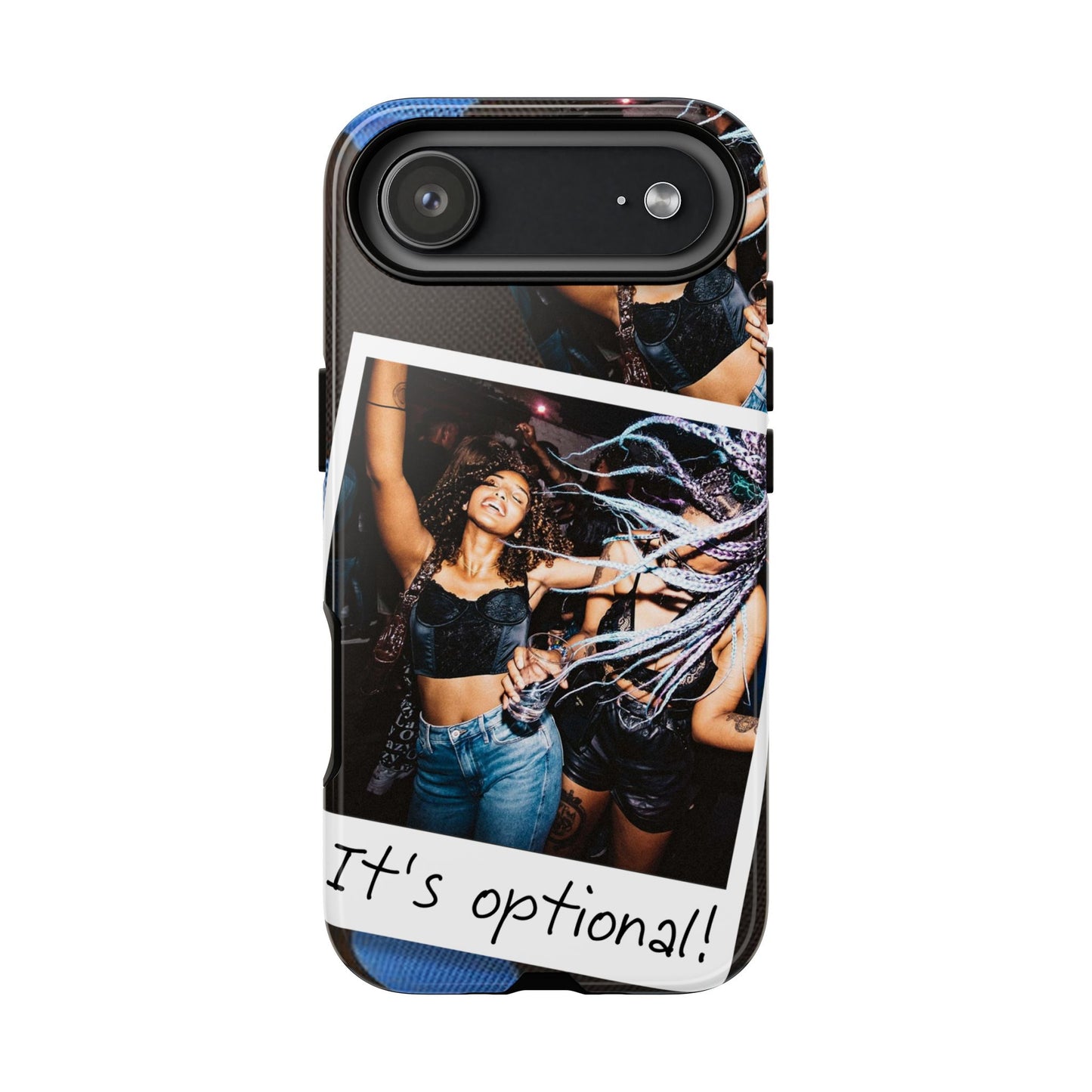 Two Image Personalised Polaroid Photo on Blue Polka Dot Protective Tough Case for Apple iPhone, Samsung Galaxy and Google Pixel.