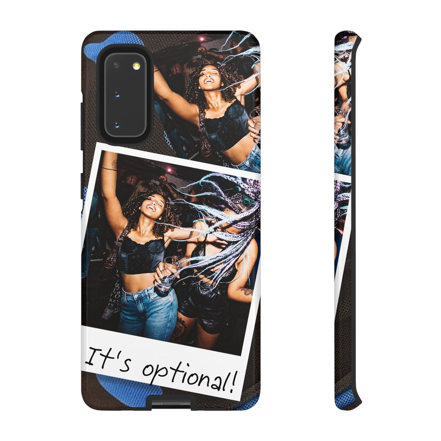 Two Image Personalised Polaroid Photo on Blue Polka Dot Protective Tough Case for Apple iPhone, Samsung Galaxy and Google Pixel.