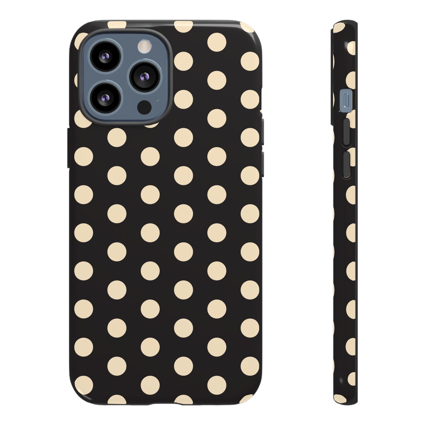 Polka Dot Tough Phone Case — Black with Cream Dots, Protective Slim Phone Cover