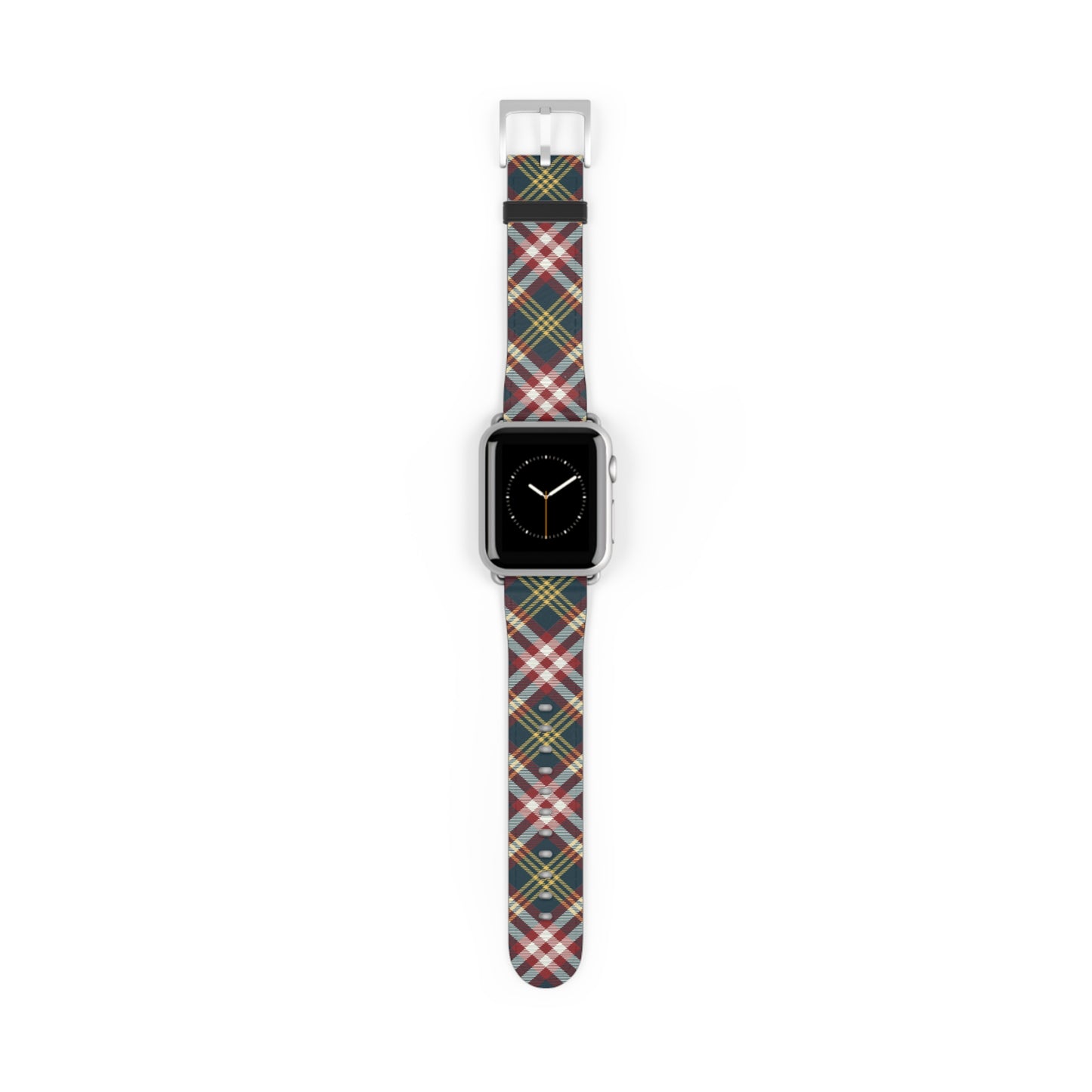 Plaid watch band in classic red and green tartan, cozy accessory for Apple Watch, stainless steel buckle, autumn style