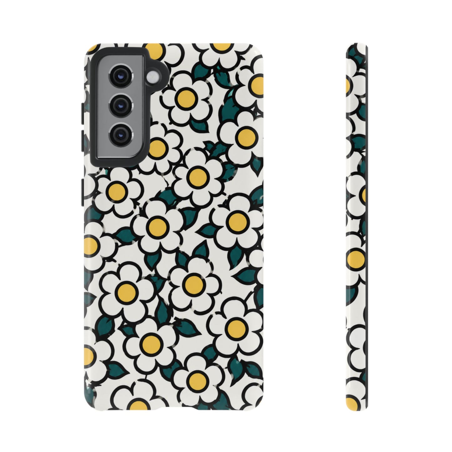 Floral Daisy Tough Phone Case — Retro White & Yellow Protective Cover
